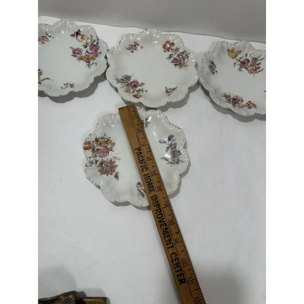LIMOGES France Set 4 Salad/Dessert Plates Pink Flowers Scalloped Rim 6.5